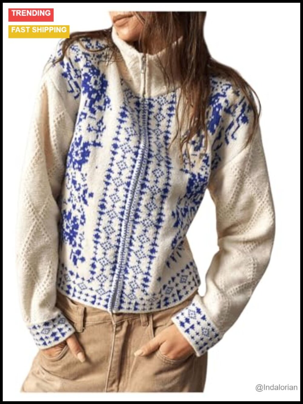 Floral Embroidered Boho Zip Up Cardigan Sweater Mock Neck